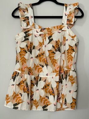 NWT 100% Cotton THML Beige Floral Flared Sleeveless Peplum Top
